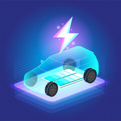 Obraz premium EV Electric SUV car connect to charging station on blue background. Eco power, EV charger, alternative energy, rechargeable battery, auto industry, future technology.