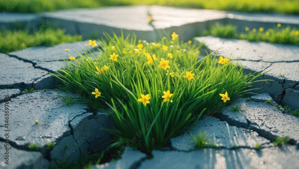 Poster dynamic grass prospers in gaps of pavement, illustrating resilience against built environments