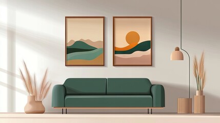 Two framed abstract landscape prints in a modern living room.