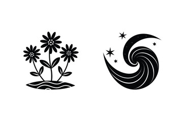 Fototapeta premium Black and white decorative floral and cosmic designs for creative illustration projects
