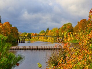Fototapeta premium Autumn landscape on the river. Air and floating bridge. Ecology. Ogre, Latvia.