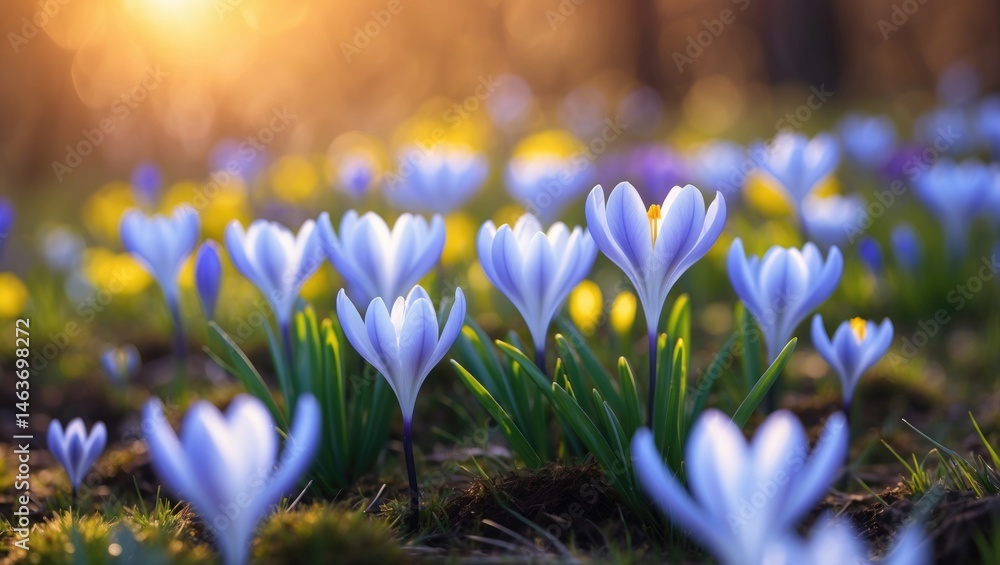 Poster yellow crocuses in the initial days of spring - high-quality photo
