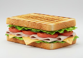 Toasted sandwich with ham, cheese, lettuce, tomato, and cucumber on a white background