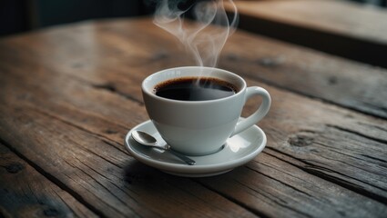 A cup of black coffee placed on a wooden surface