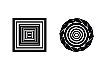 Abstract geometric shapes in black and white featuring optical illusions and repeating patterns