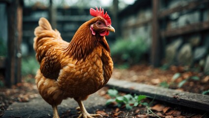 Detailed portrait of a brown hen with alert expression amidst farm feathers and rural background.