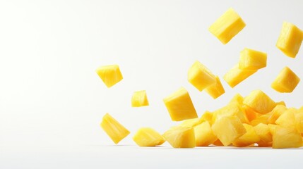 Cubed pineapple pieces falling on white background food photography