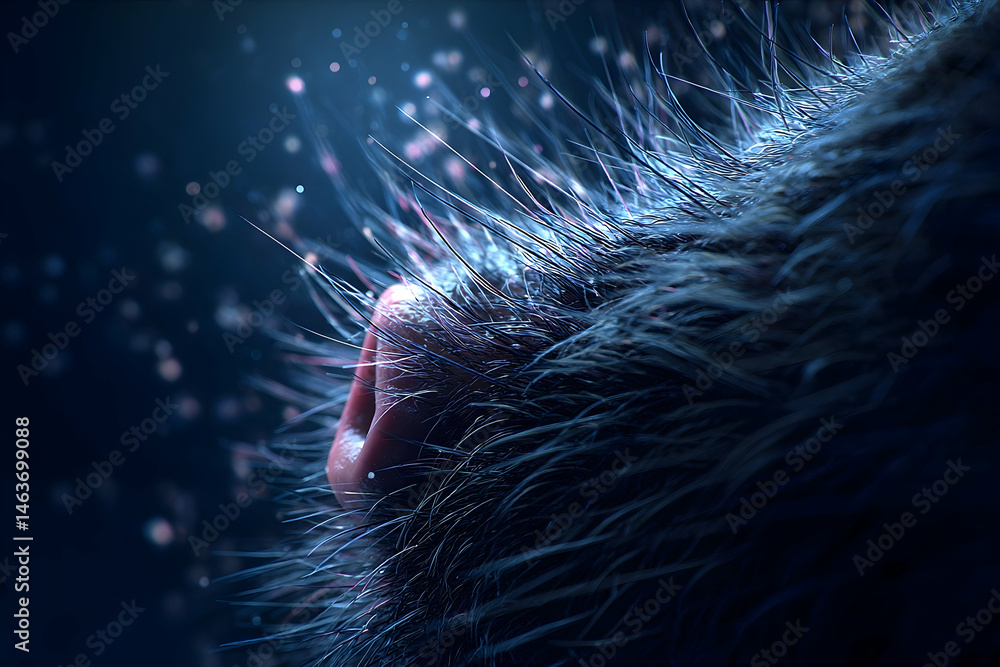 Poster close-up view of stylized fur with luminous particles.