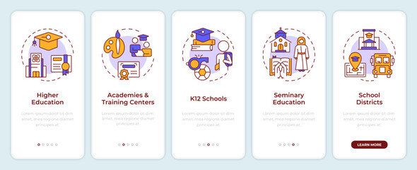 Educational organizations types onboarding mobile app screen. Walkthrough 5 steps editable graphic instructions with linear concepts. UI, UX, GUI. Montserrat SemiBold, Regular fonts used
