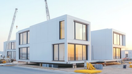 Modern prefabricated houses under construction at sunset clean lines and minimalist design