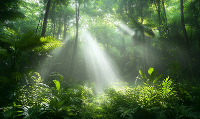 Sunlit Rainforest Path: Lush Green Canopy and Foggy Atmosphere