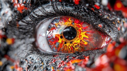 Abstract human eye close up vibrant red and yellow paint textures