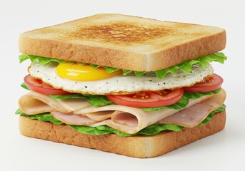 Turkey sandwich with fried egg, tomato, and lettuce on toasted bread