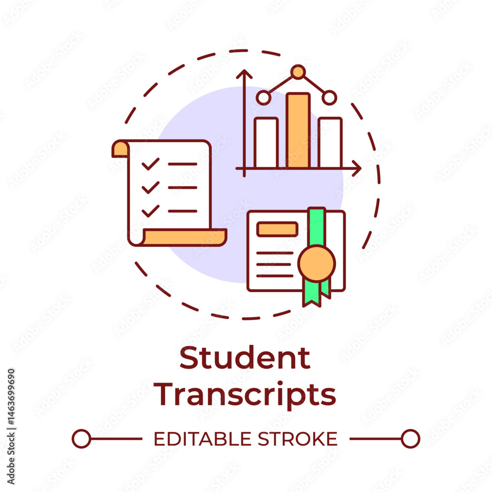 Aufkleber student transcripts multi color concept icon. statistical metrics, analysis. certificate, checklist.