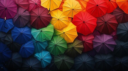 Multicolored Umbrellas Overhead, Top View, Vibrant Palette, Rainy Weather, Colorful Canopy