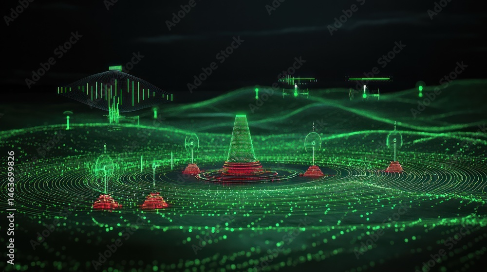 Aufkleber abstract digital landscape with glowing green terrain and red cones data visualization
