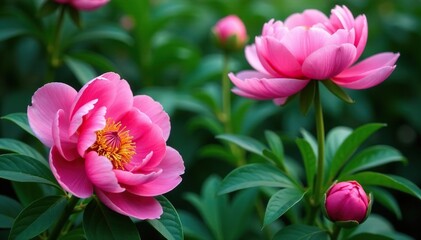 Fototapeta premium Bold, large-scale peony blossoms, lush greenery , background, vibrant, blossom