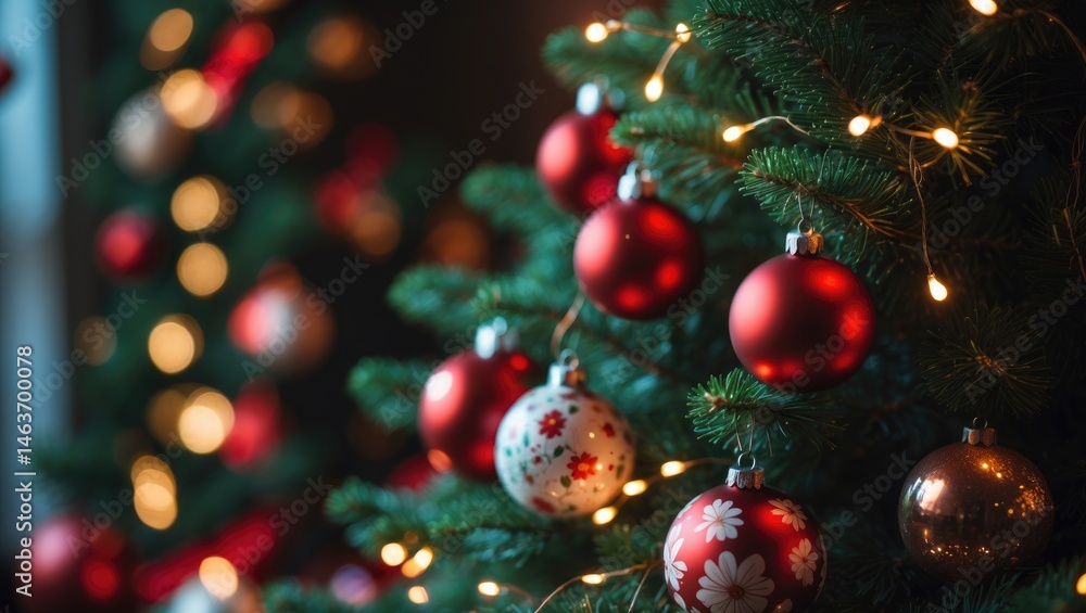 Poster Macro image of balls hanging on a tree with blurred garlands behind