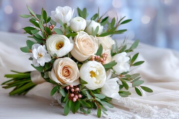 Delicate bridal bouquet resting on white lace fabric