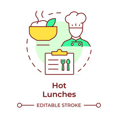 Hot lunches multi color concept icon. Culinary, cook. Food menu. Meal service, plan. Round shape line illustration. Abstract idea. Graphic design. Easy to use in article, infographic