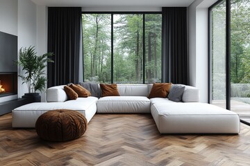 Spacious modern living room with large windows overlooking a forest.
