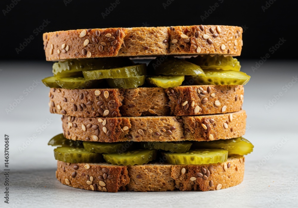 Poster tall stack of bread slices filled with sliced pickles on a white surface
