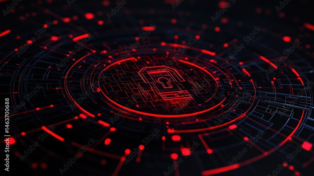 Poster glowing red padlock digital technology network security abstract background