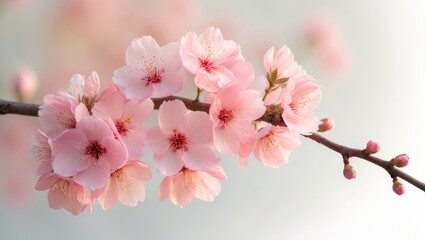 Fototapeta premium Cherry branch with pink blossoms on white backdrop