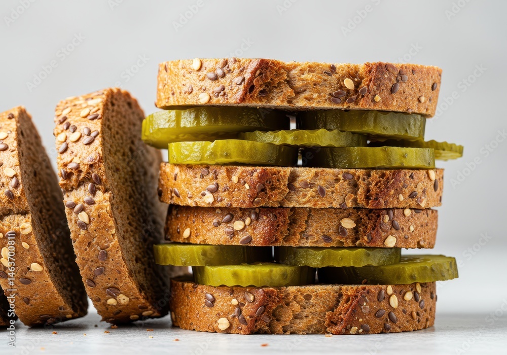 Aufkleber stack of seeded bread slices with pickles and additional bread slices on the side
