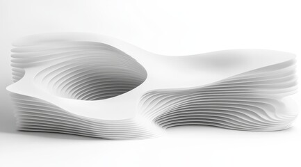 Abstract sculpted form, layered and undulating, creating a sense of depth and organic flow.  Complex, textured, white architectural piece