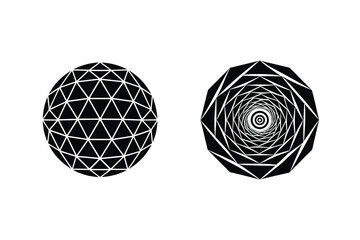 Geometric spherical and spiral designs rendered in black and white providing modern visuals