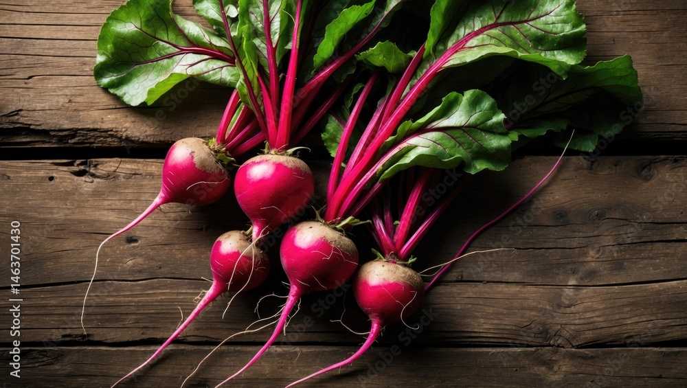 Poster fresh and healthy beet root arranged on a wooden background, top view with ample space.