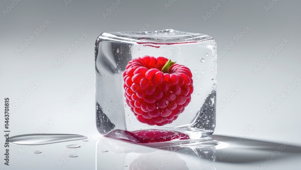 Poster Ice cube containing ripe raspberry on white background