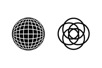 Black and white abstract geometric designs featuring globe and overlapping circles