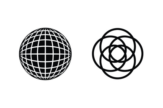 Black and white abstract geometric designs featuring globe and overlapping circles