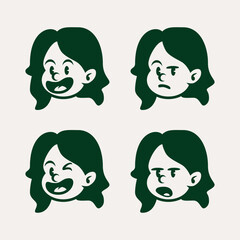 Set of cute cartoon girl faces with different emotions including happy, angry, winking, and serious expressions. Simple flat vector for emoji, stickers, or character design