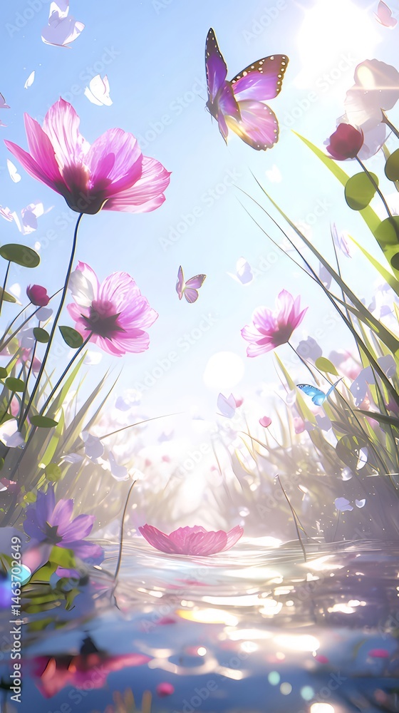 Aufkleber ピンクの花と蝶が舞う夏の日の風景 太陽光が水面に反射する美しい庭園の背景