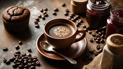 Fototapeta premium Preparing coffee in a clay cup with beans and chocolate cake top-down shot on a grunge background