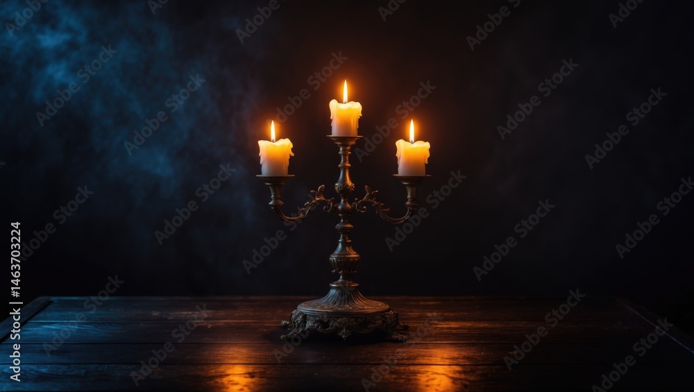 Poster Set of three glowing candles burning in the dark, creating a calm and tranquil environment