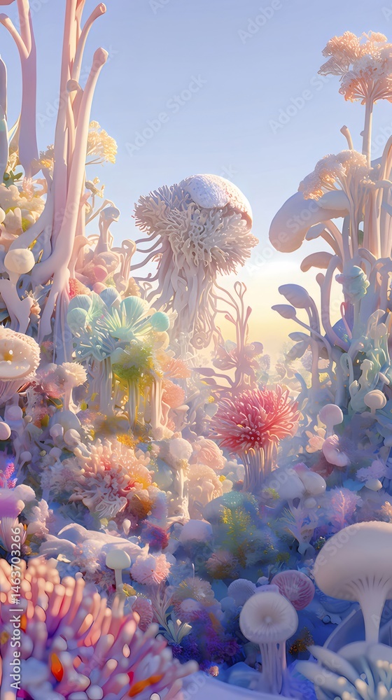 Poster 甘いパステルカラーの抽象的な風景夢のような背景に光るオーガニックな菌類と海洋要素