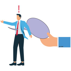 Big hands take speech bubbles and stab them inside the grieving businessman's body, gossip, rumors or fake news, hate speech, verbal bullying or name-calling