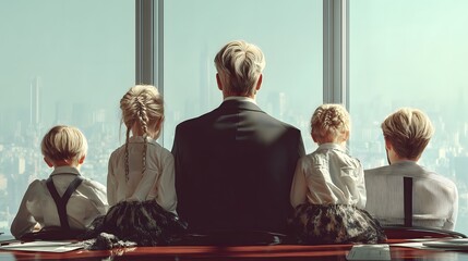 Legacy View: A father and his three children sit together, their backs to the camera, gazing out of a large skyscraper window at the sprawling cityscape below.