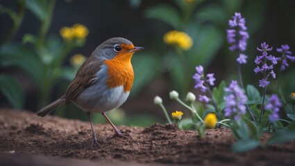 Fototapeta premium Bird species from Europe: the charming orange robin with its singing in Croatia's lush landscapes