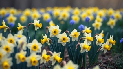 Fototapeta premium Nature Scene with Daffodils and Blossoms in a Green Field