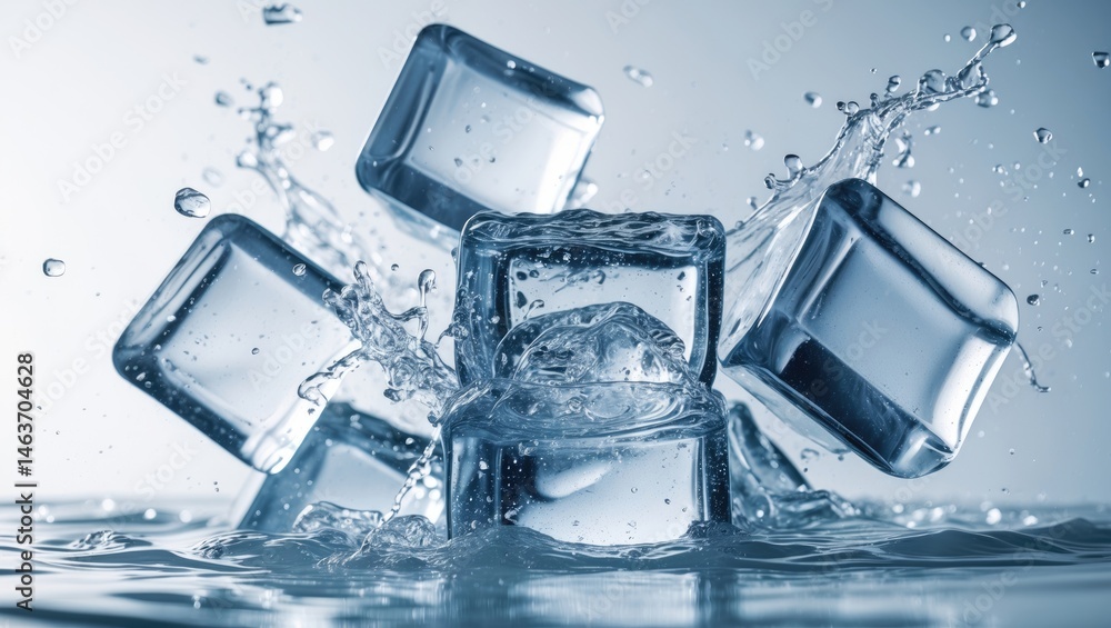 Poster Array of frozen ice cubes with liquid splash in space setting