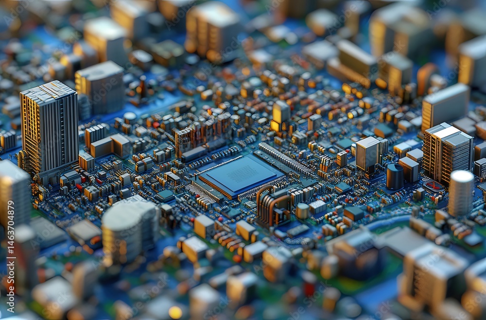 Poster 詳細な青と金のコンピューター回路基板の都市の抽象的なミニチュアビュー