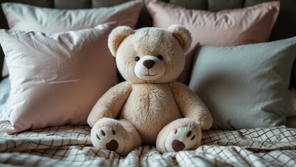 Fototapeta premium Sweet teddy bear lounging on bed inside a room