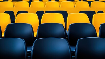 Obraz premium Abstract blue and yellow plastic seats pattern rows of chairs texture background design repeat graphic