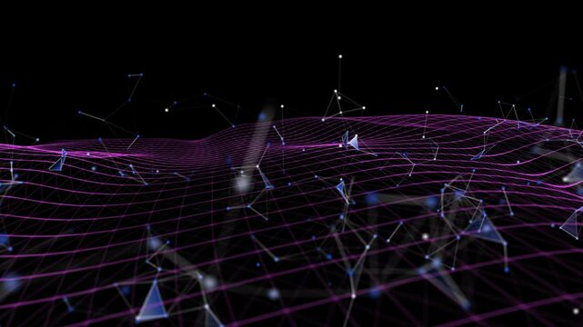 Futuristic background wavy grid quantum computing with poligons broken data on dark . Digital technology concept research lost bytes in ciberspace. Big data.