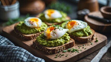 Creamy avocado and poached egg atop toasted rye bread on a wooden platter, perfect for a nutritious morning